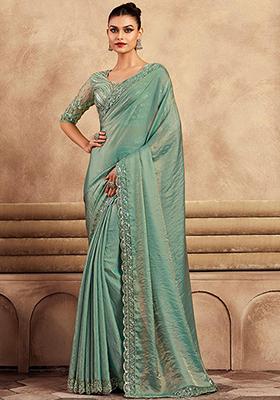 Light Turquoise Zarkan Work Faux Silk Saree Set