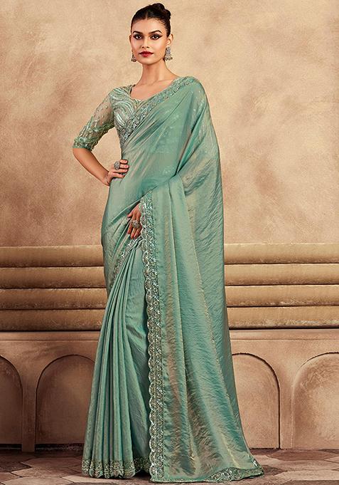 Light Turquoise Zarkan Work Faux Silk Saree Set