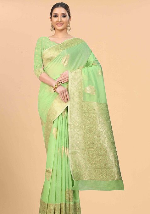 Green Zari Woven Cotton Blend Saree Set