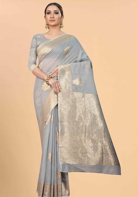 Grey Zari Woven Cotton Blend Saree Set