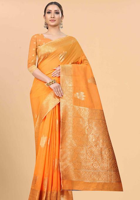 Orange Zari Woven Cotton Blend Saree Set