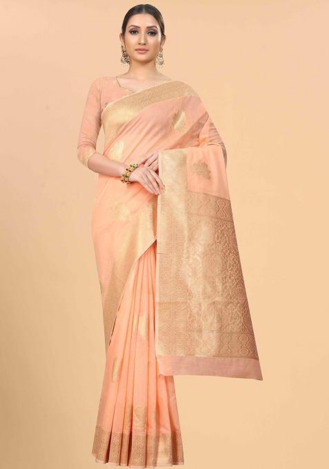 Peach Zari Woven Cotton Blend Saree Set