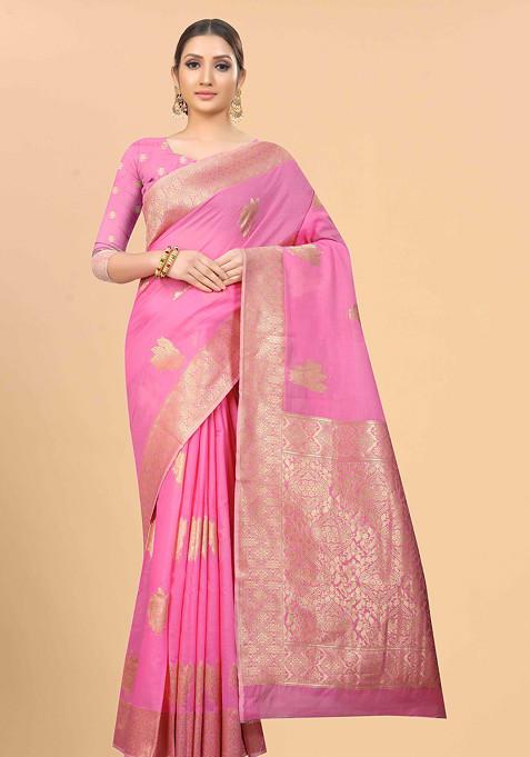 Pink Zari Woven Cotton Blend Saree Set