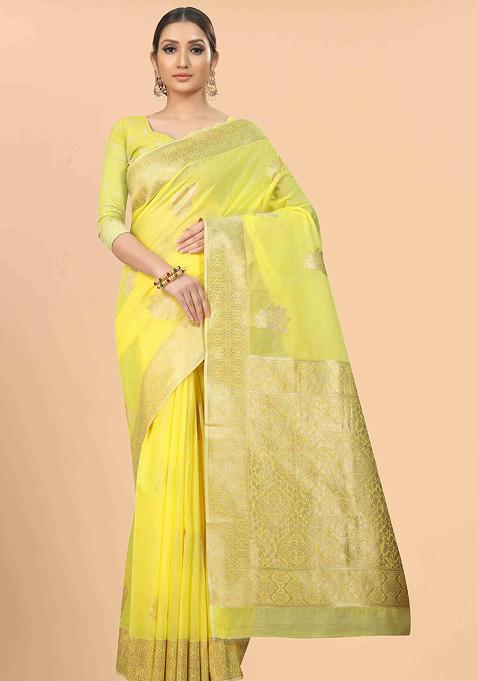 Yellow Zari Woven Cotton Blend Saree Set