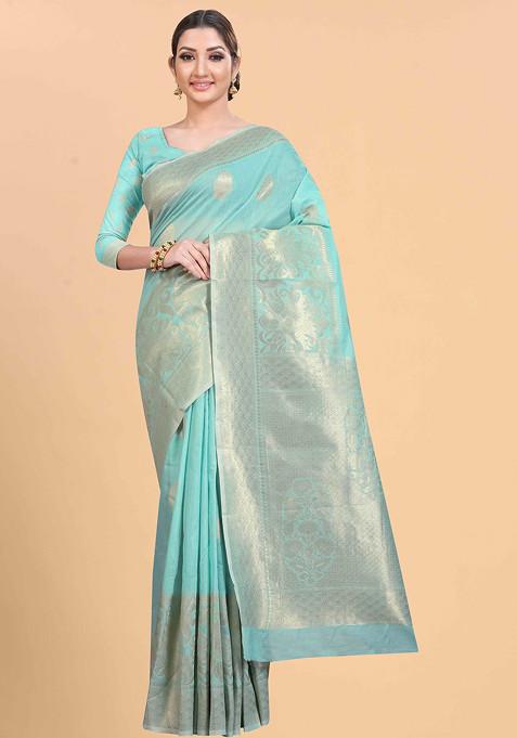 Blue Zari Woven Cotton Blend Saree Set