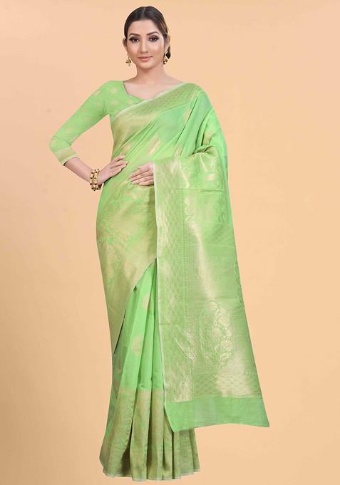 Green Zari Woven Cotton Blend Saree Set