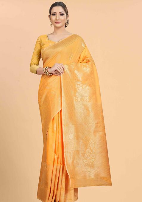 Orange Zari Woven Cotton Blend Saree Set