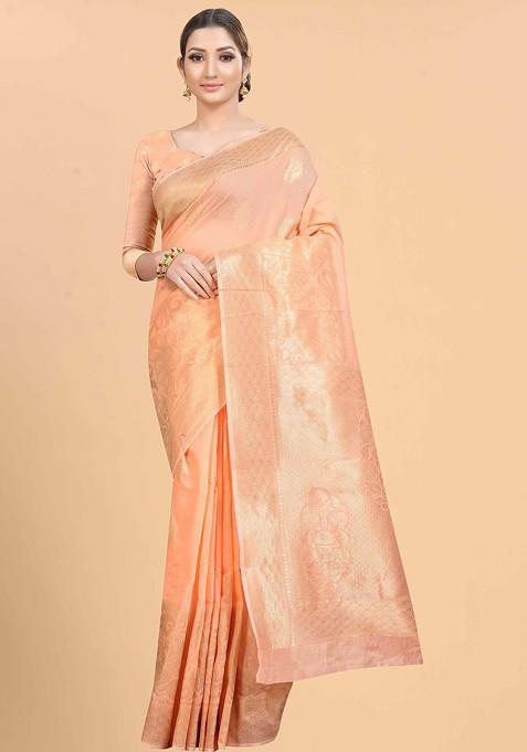 Peach Zari Woven Cotton Blend Saree Set