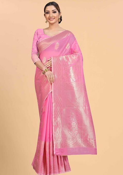 Pink Zari Woven Cotton Blend Saree Set