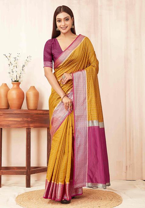 Mustard Zari Woven Banarasi Soft Silk Saree Set