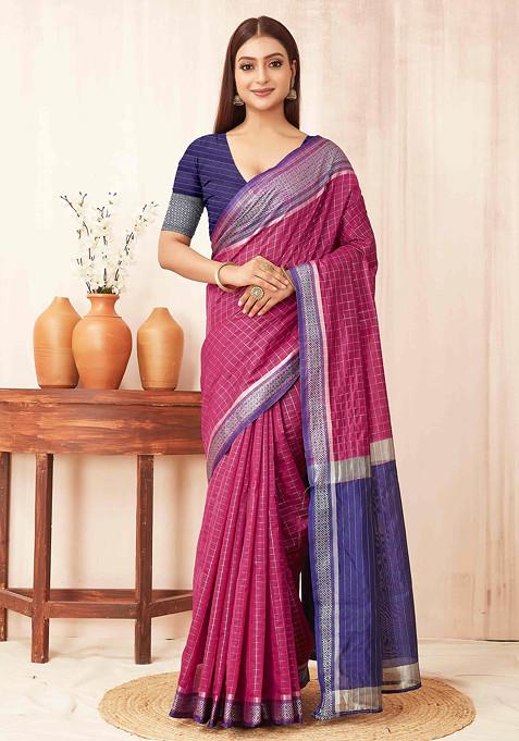 Pink Zari Woven Banarasi Soft Silk Saree Set