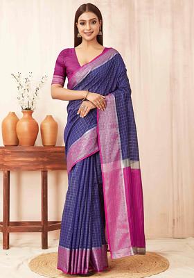 Blue Zari Woven Banarasi Soft Silk Saree Set