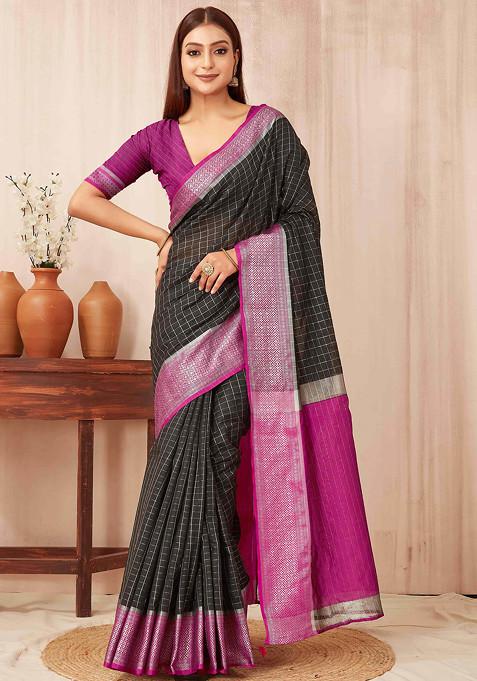 Black Zari Woven Banarasi Soft Silk Saree Set