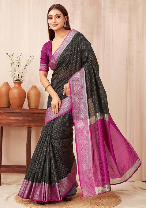 Black Zari Woven Banarasi Soft Silk Saree Set