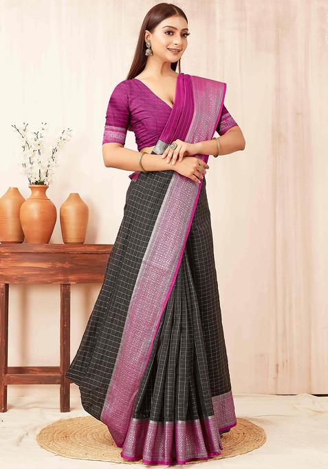 Black Zari Woven Banarasi Soft Silk Saree Set