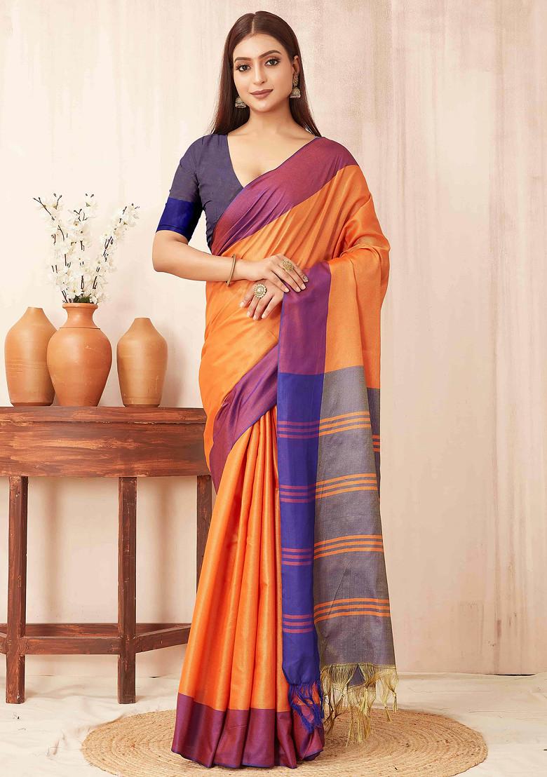 Orange Solid Banarasi Soft Silk Saree Set