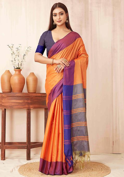 Orange Solid Banarasi Soft Silk Saree Set