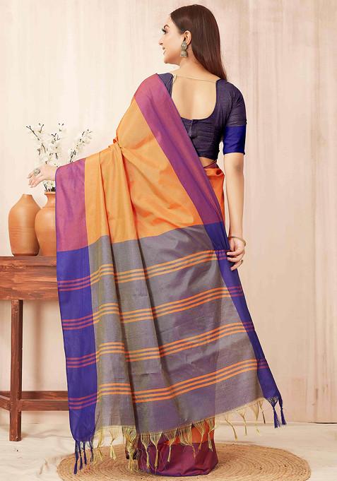 Orange Solid Banarasi Soft Silk Saree Set