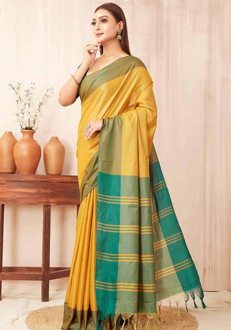 Yellow Solid Banarasi Soft Silk Saree Set