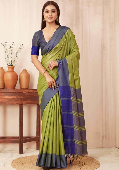 Light Green Solid Banarasi Soft Silk Saree Set