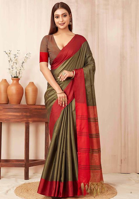 Olive Solid Banarasi Soft Silk Saree Set