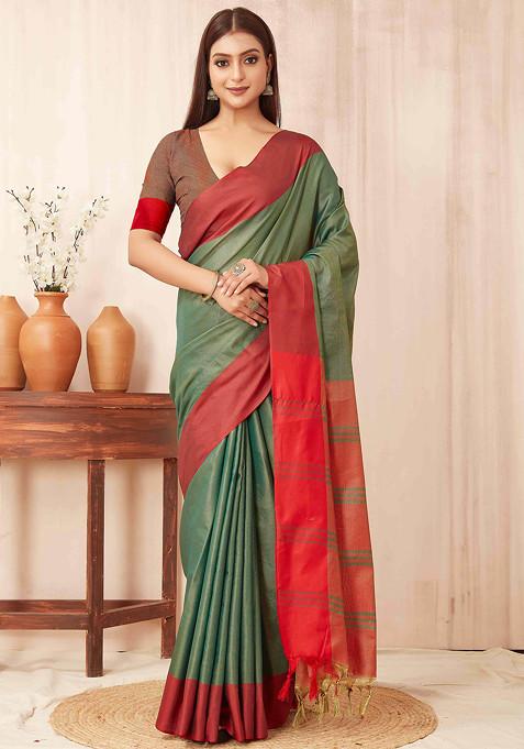 Teal Solid Banarasi Soft Silk Saree Set