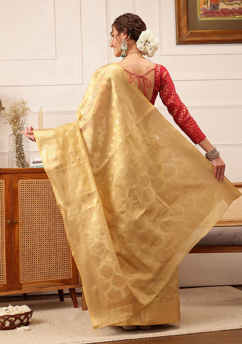 Beige Zari Woven Kanjivaram Tissue Silk Saree Set