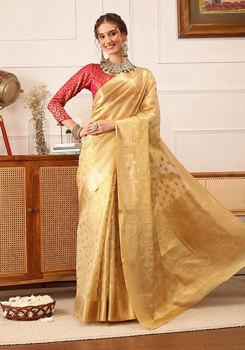 Beige Zari Woven Kanjivaram Tissue Silk Saree Set