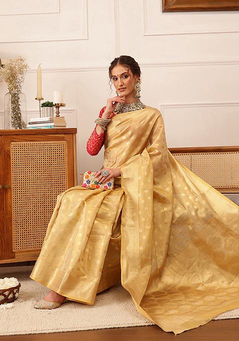 Beige Zari Woven Kanjivaram Tissue Silk Saree Set