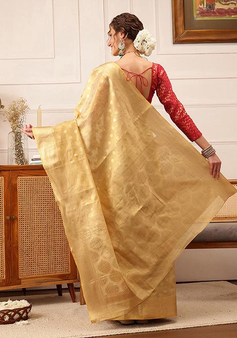 Beige Zari Woven Kanjivaram Tissue Silk Saree Set