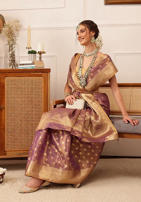 Purple Zari Woven Kanjivaram Tissue Silk Saree Set