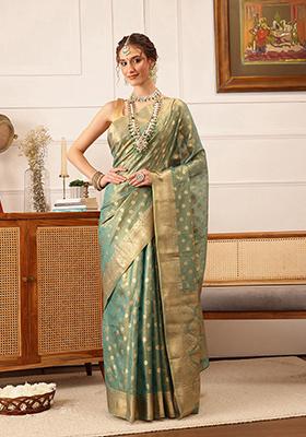 Teal Zari Woven Kanjivaram Tissue Silk Saree Set