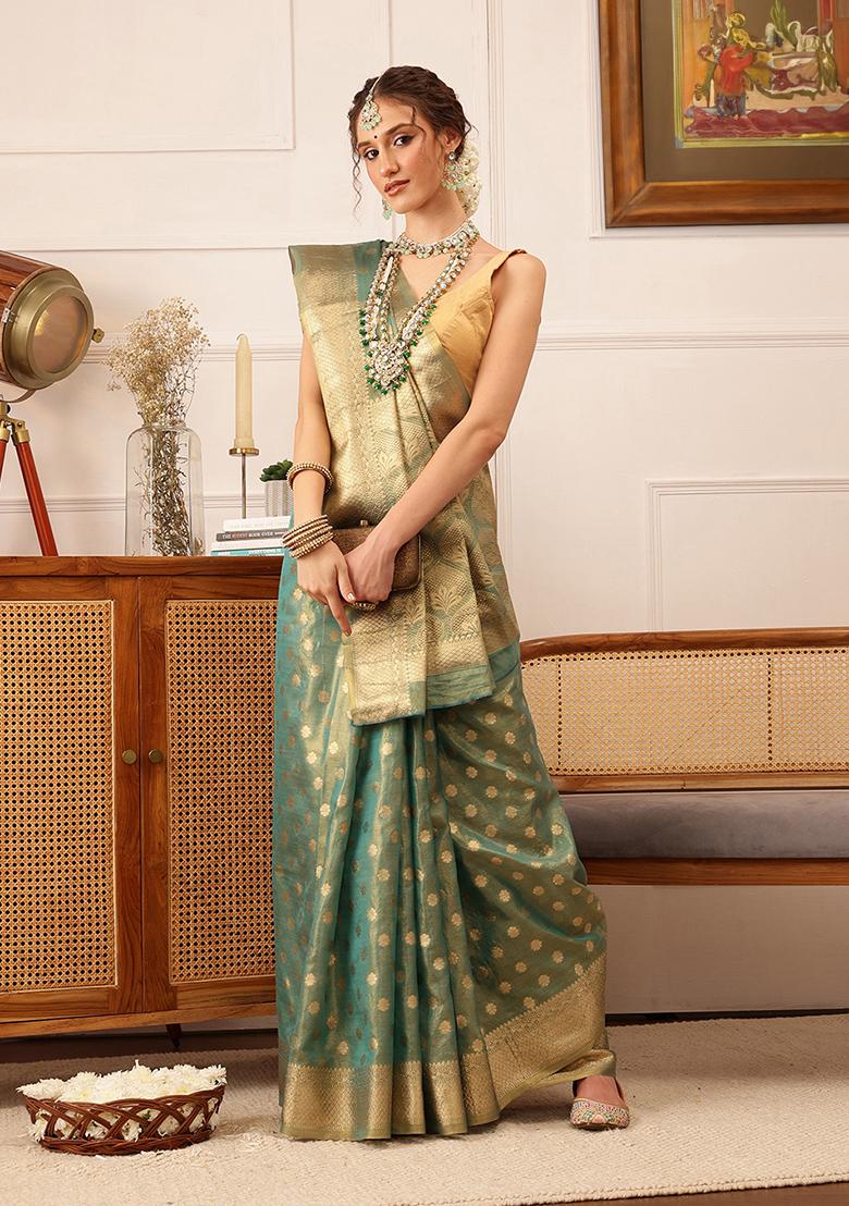 Teal Zari Woven Kanjivaram Tissue Silk Saree Set