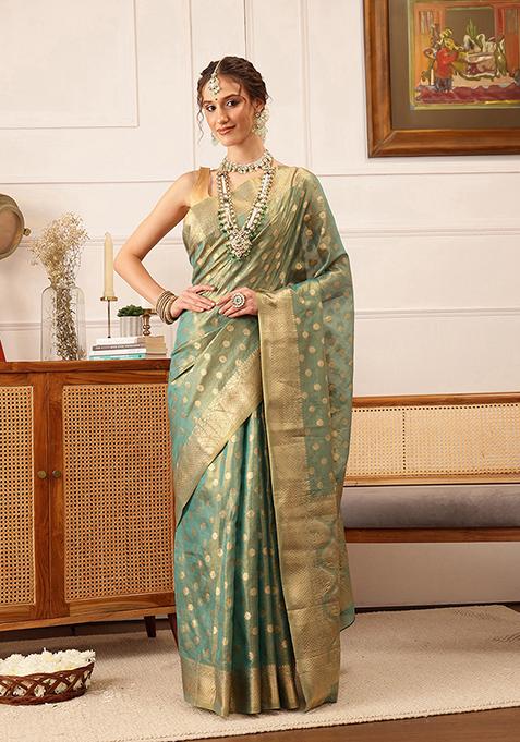 Teal Zari Woven Kanjivaram Tissue Silk Saree Set