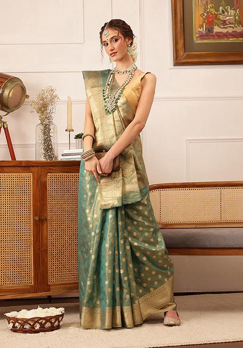 Teal Zari Woven Kanjivaram Tissue Silk Saree Set