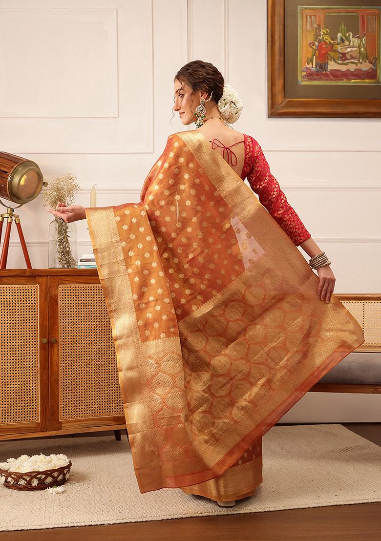Peach Zari Woven Kanjivaram Tissue Silk Saree Set