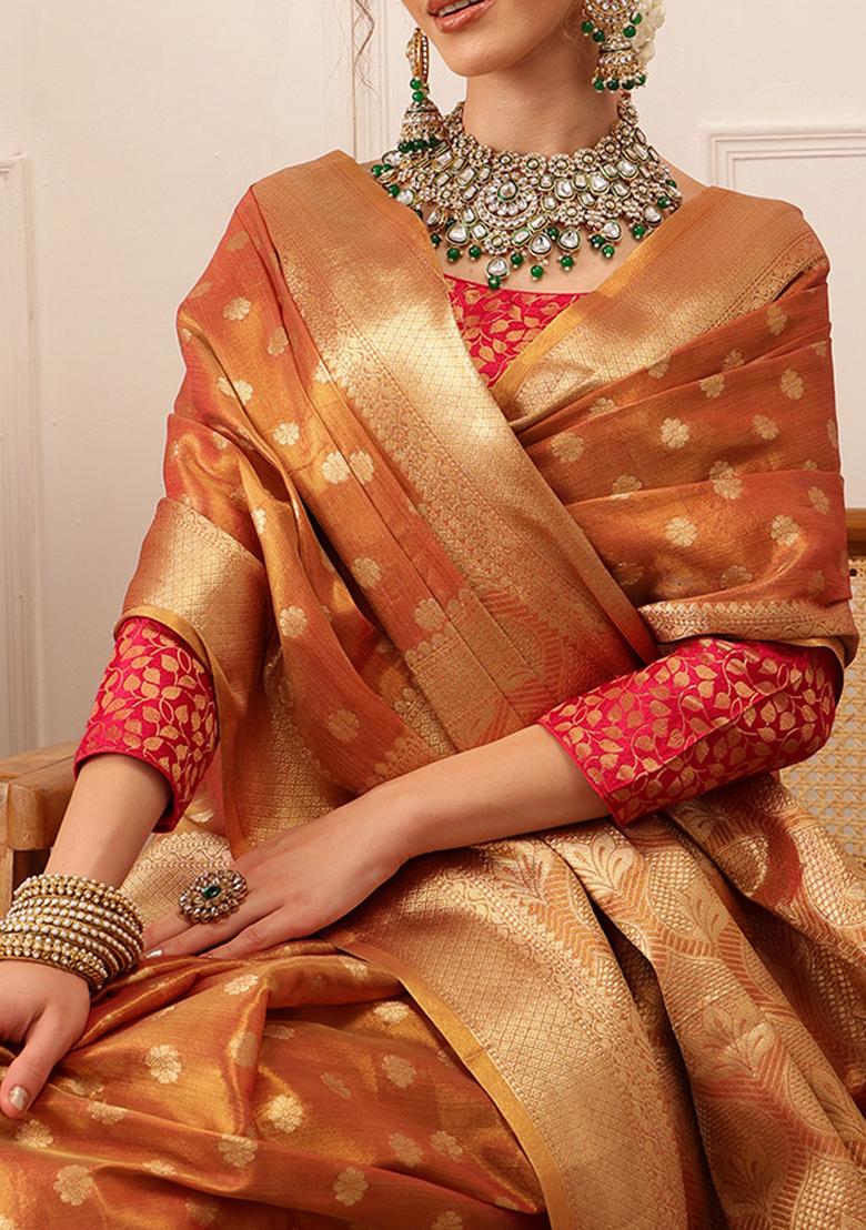 Peach Zari Woven Kanjivaram Tissue Silk Saree Set