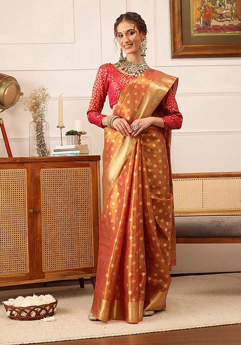 Peach Zari Woven Kanjivaram Tissue Silk Saree Set