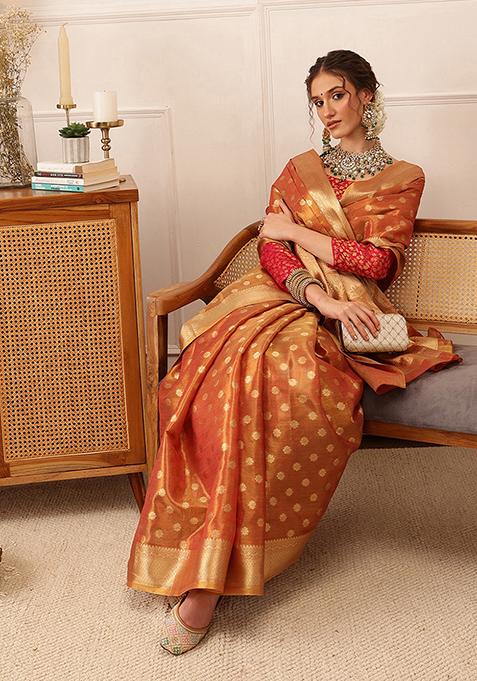 Peach Zari Woven Kanjivaram Tissue Silk Saree Set
