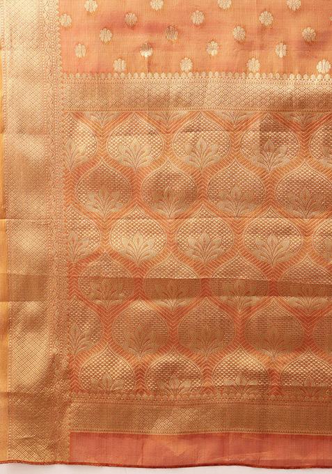 Peach Zari Woven Kanjivaram Tissue Silk Saree Set