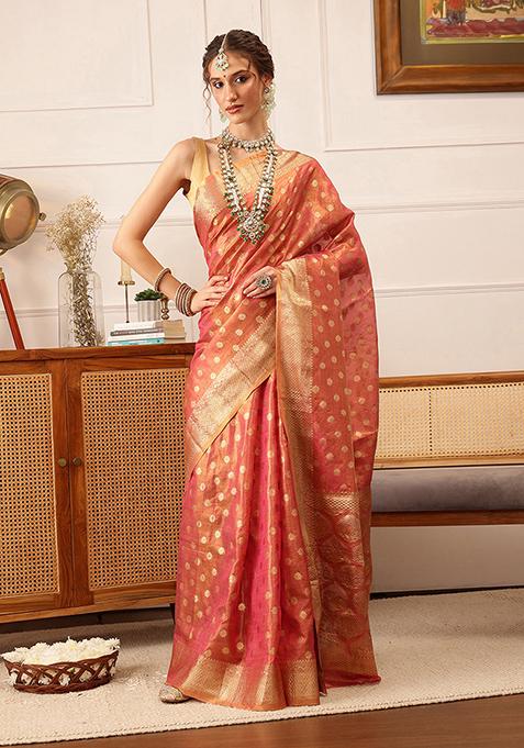 Pink Zari Woven Kanjivaram Tissue Silk Saree Set