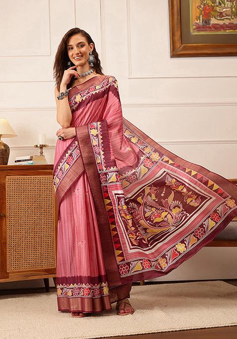 Pink Digital Print Kotha Silk Saree Set