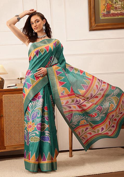 Teal Digital Print Kotha Silk Saree Set