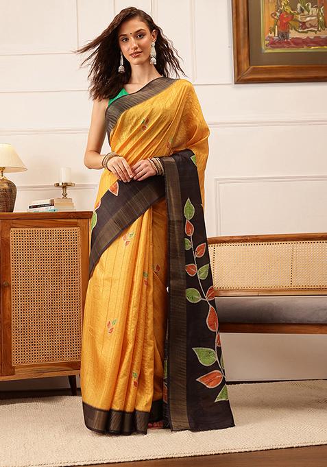 Mustard Digital Print Kotha Silk Saree Set