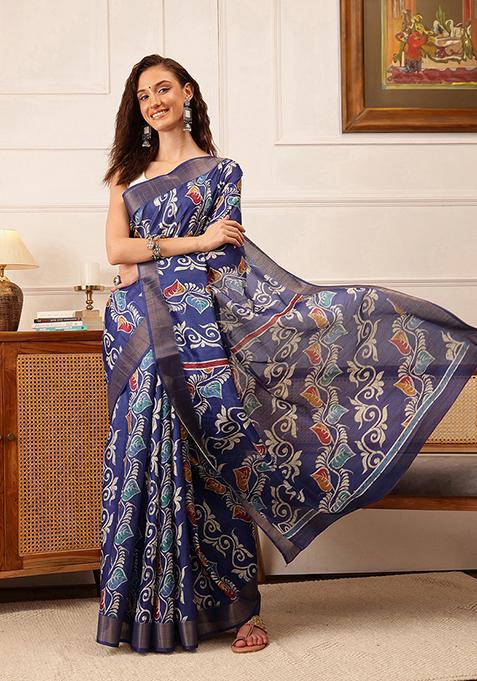 Blue Digital Print Kotha Silk Saree Set