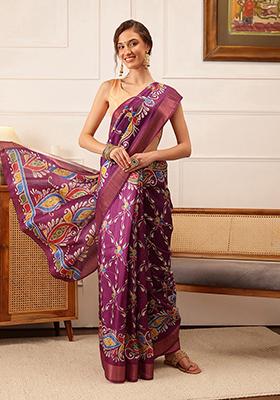 Purple Digital Print Kotha Silk Saree Set