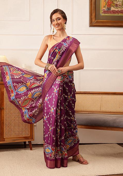 Purple Digital Print Kotha Silk Saree Set