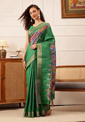 Green Digital Print Kotha Silk Saree Set