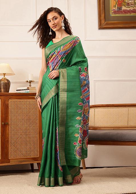 Green Digital Print Kotha Silk Saree Set