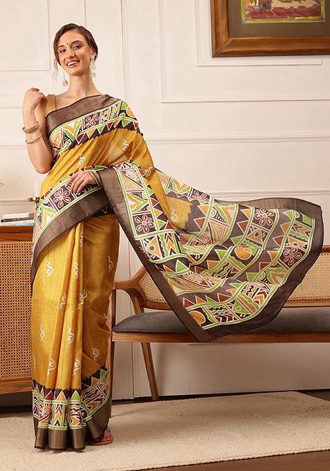 Yellow Digital Print Kotha Silk Saree Set